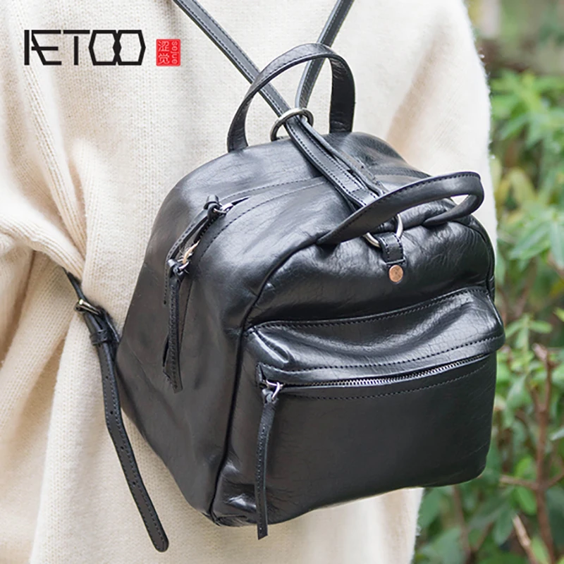 

BJYL Retro casual cowhide Double shoulder bag new women's simple leather large capacity backpack