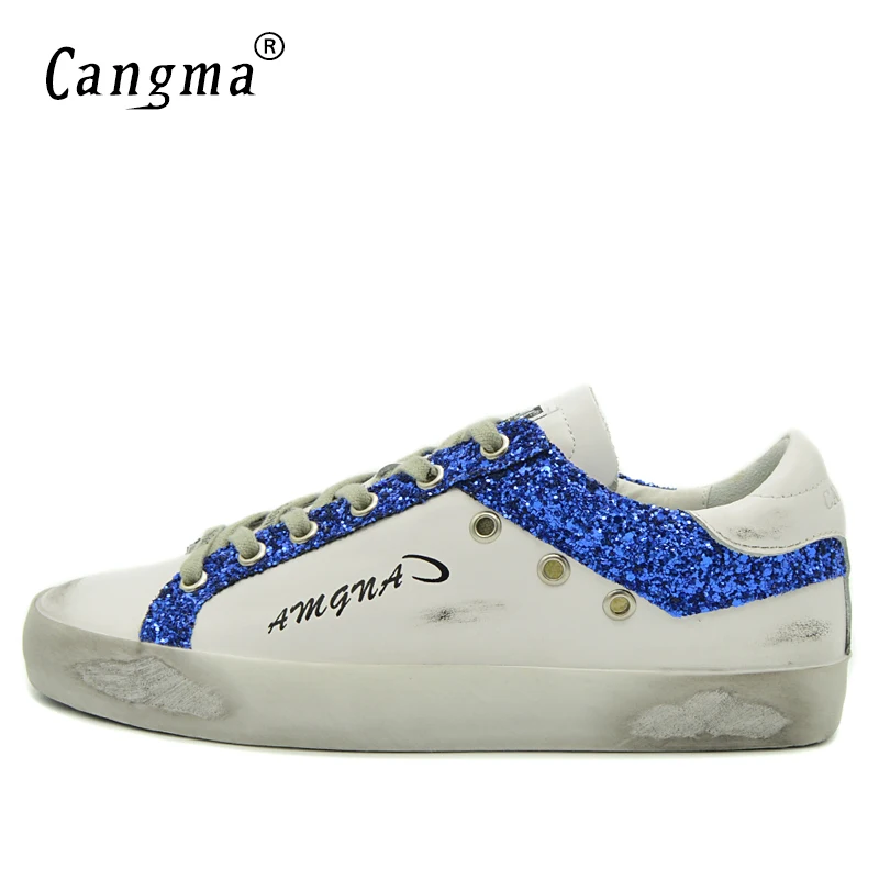 CANGMA Distressed Super Star брендовые кроссовки мужские на шнуровке повседневная мужская обувь натуральная кожа белый и синий низкий верх Обувь