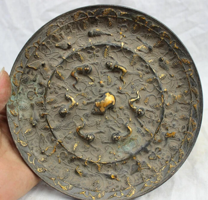 

JP S0610 8" Chinese Folk Culture Dynasty Old Bronze Gilt Animals Statue Unicorn Mirror (B0413)