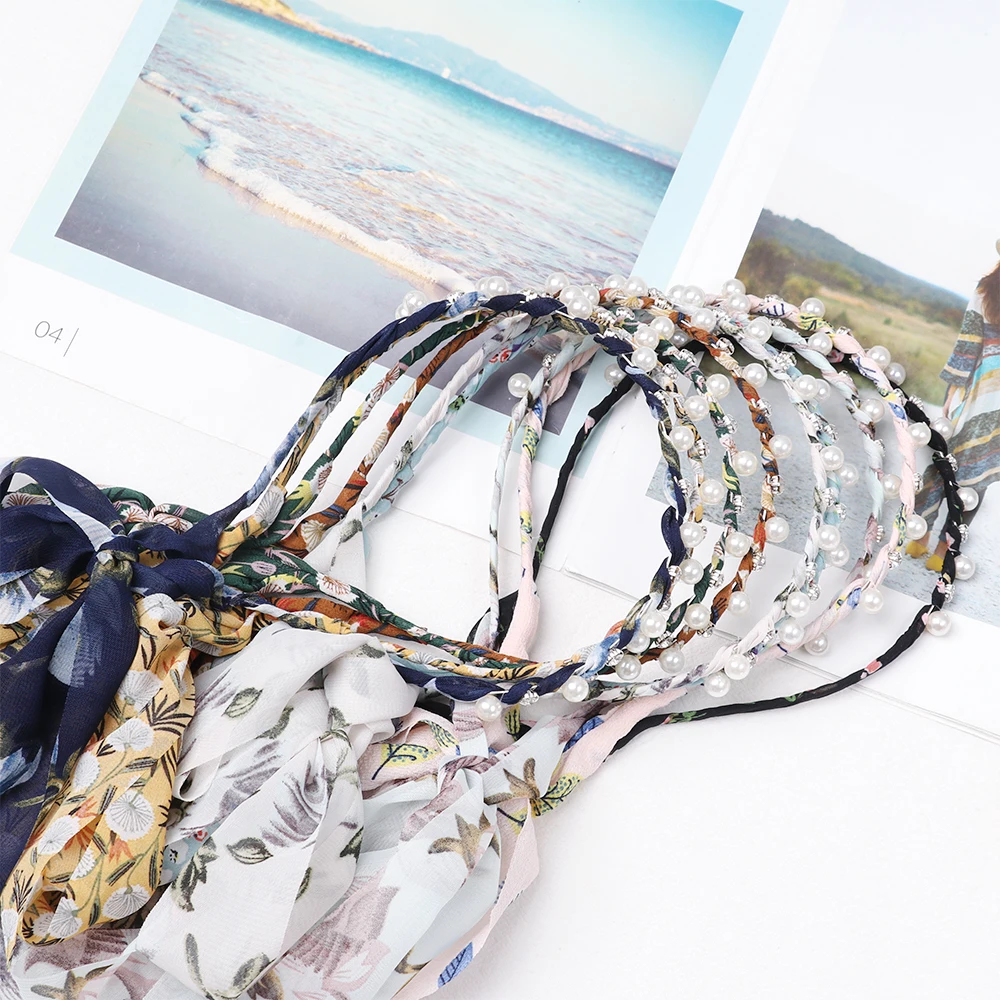 

1PC Woman Printed Satin Hairband Ribbon Bow Pearl Hairband Girls Hair Styling Accessories Hairstyle Hair Hoop Headband Tiara