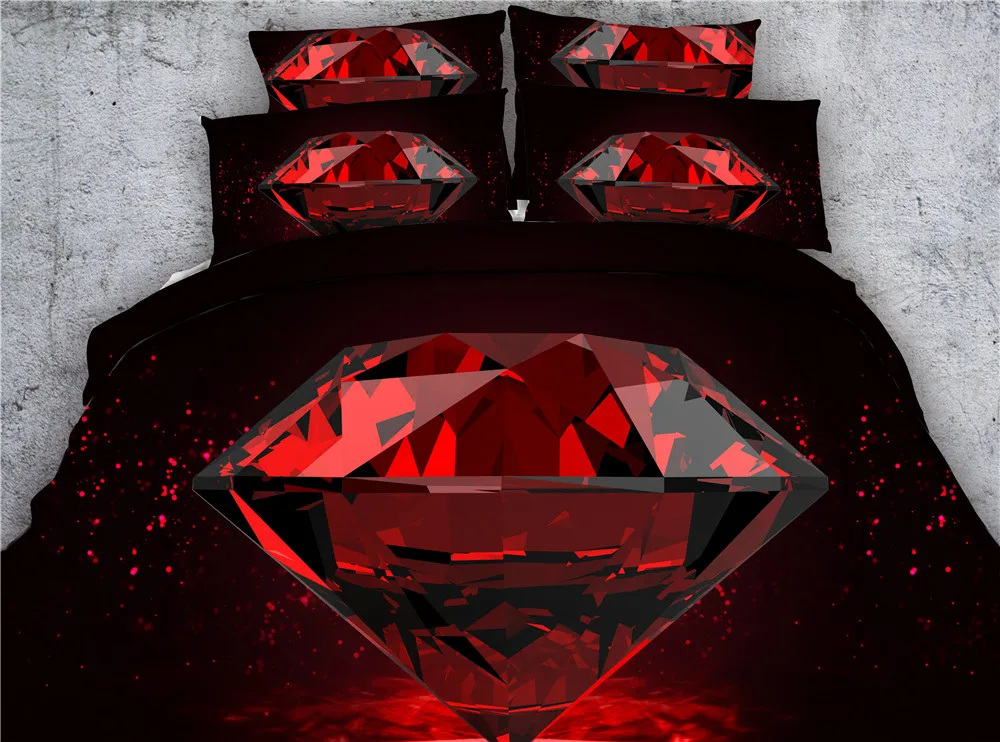 

Bling-Bling Red Diamond ruby HD Digital print bed sheet sets 3 pieces golden / rose red sequins bedding queen size duvet covers