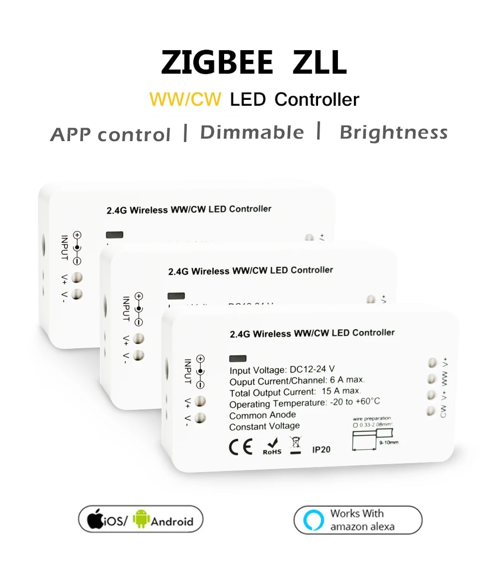 ZIGBEE ZLL умный контроллер WWCW, DC12/24 В, управление приложением теплый белый/холодный белый и регулируемая яркость, для светодиодной ленты линейный светильник