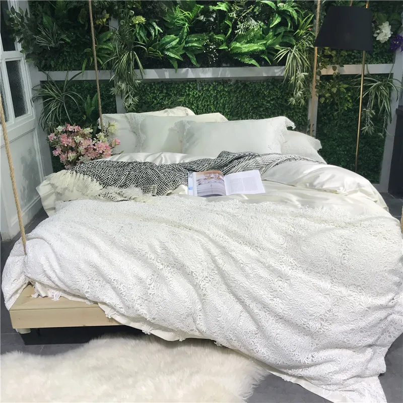 

80S Egyptian cotton Luxury White Lace Princess Girl Bedding set Queen King Size Duvet Cover Bed sheet Bed Linen Pillowcases 4pcs
