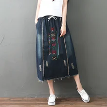 Харадзюку повседневные винтажные Ретро богемные вышитые хлопковые свободные джинсы с эластичной резинкой на талии в Корейском стиле Ropa джинсовые синие женские юбки