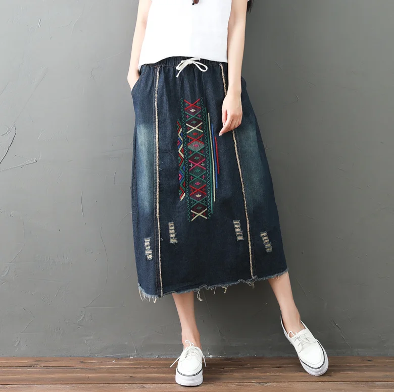 

Harajuku Casual Vintage Retro Bohemian Embroidered Cotton Loose Elastic Waist Corean Style Ropa Denim Jeans Blue Women Skirt