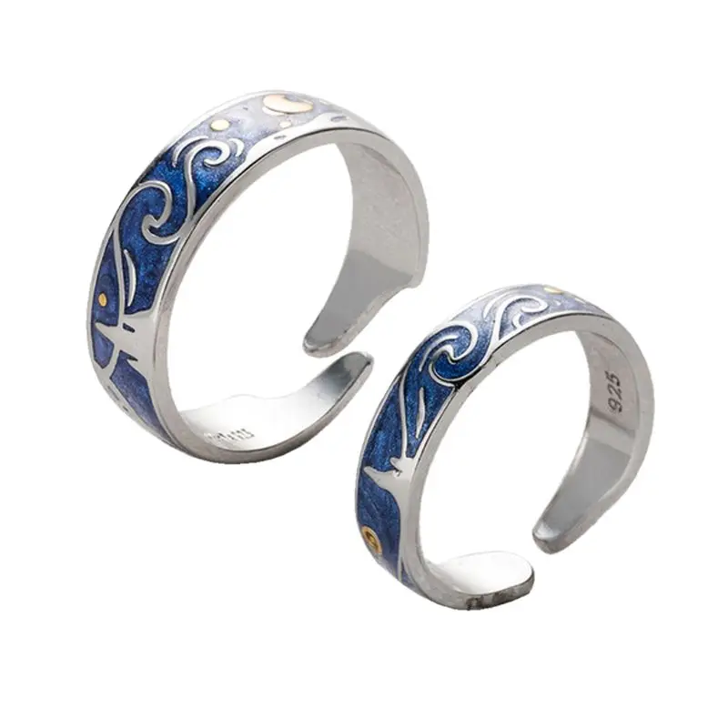 

S925 Silver Plated Van Gogh Starry Sky Open Lover Rings Band Romantic Jewelry