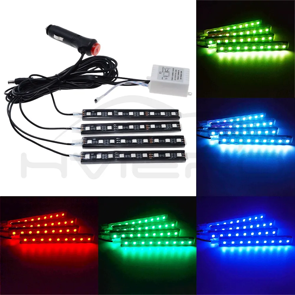 4 шт. Автомобильный светодиодный RGB светодиодный светильник 5050 SMD с автоматическим пультом дистанционного управления, декоративный гибкий светодиодный купольный атмосферный комплект противотуманных фар 12 В постоянного тока