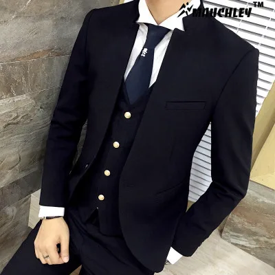 Classic Chinese Collar Men Suit 3PCS/Set Slim Fit Wedding Suits Latest Coat Pant Design 2017 