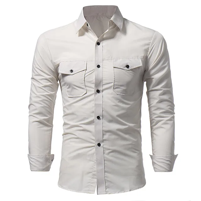 Men Shirt 2017 New Fashion Classic Double Pockets Shirt Men Long Sleeve