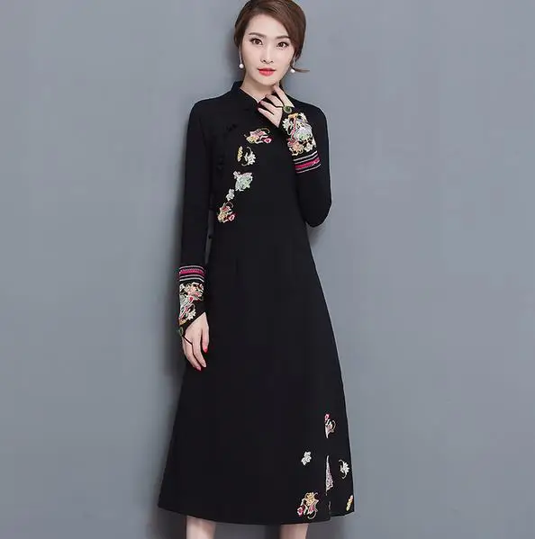 

Clobee Embroidery Flower Solid Pastel Women Dress Vintage Elegant Long Ladies Dresses Full Sleeve Button Femme Vestidos V299