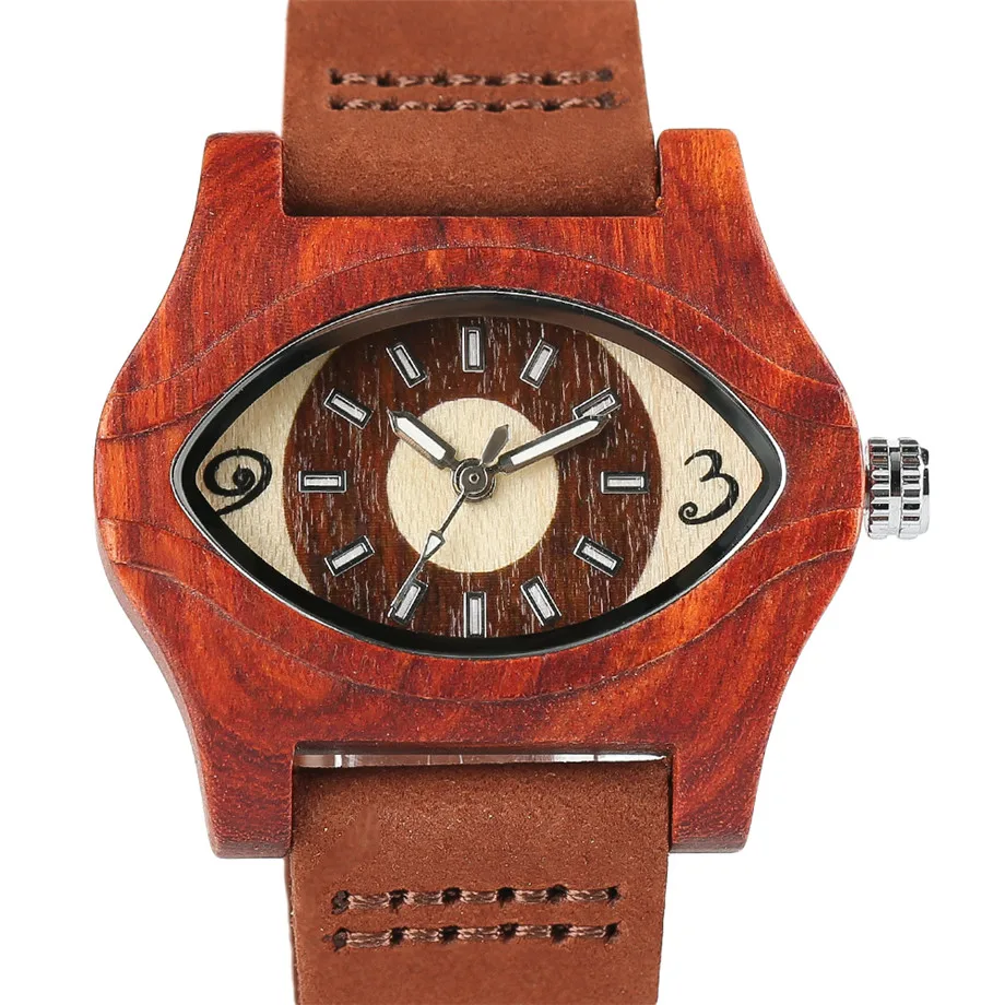 YISUYA Creative Angel Eyes Womens Natural Red Wooden Watches Fashion Casual Quartz Leather Band Elegant Wrist Watch for Men + Gift Bag (4)