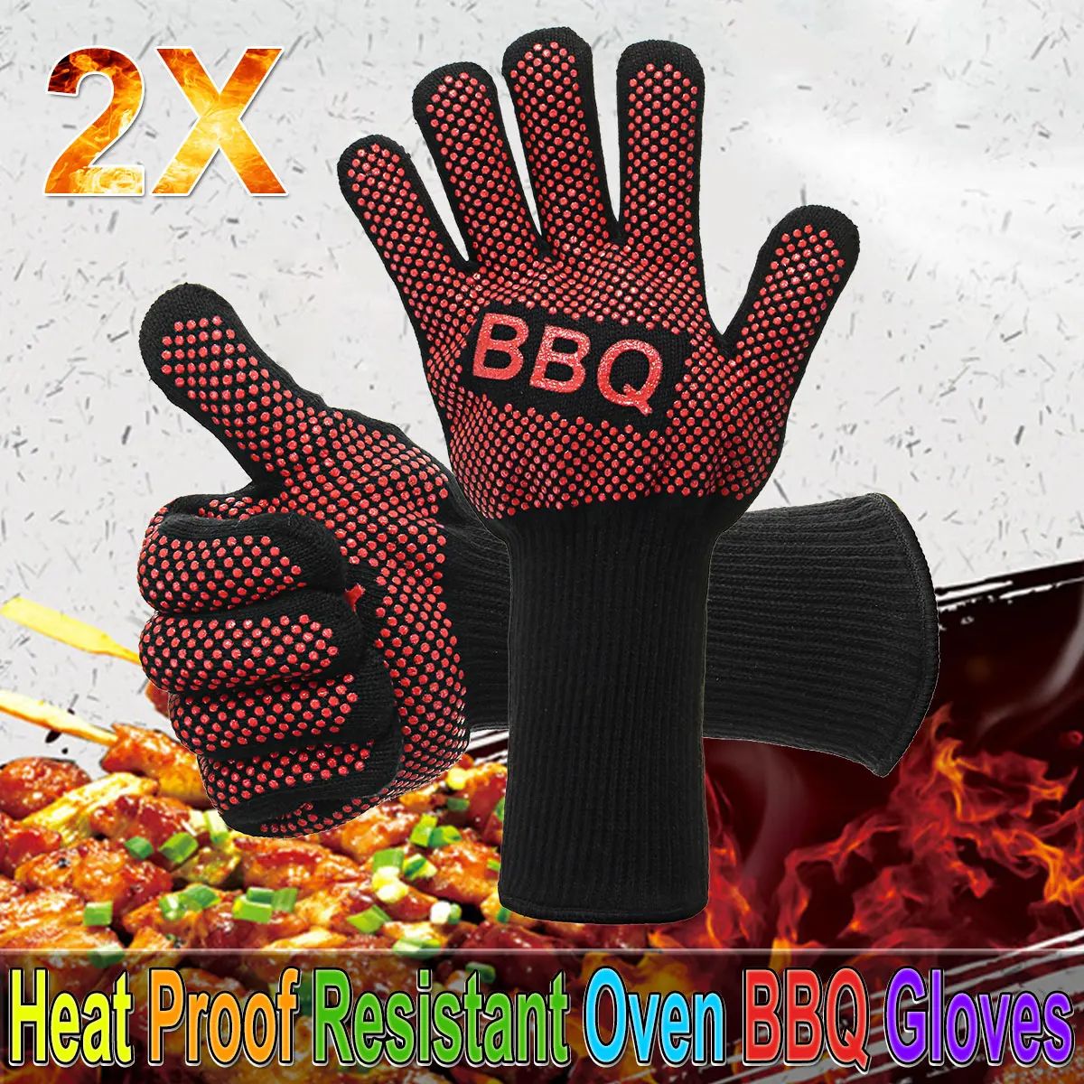 2 Piece Heat Resistant Thick Silicone Kitchen Barbecue Oven Glove