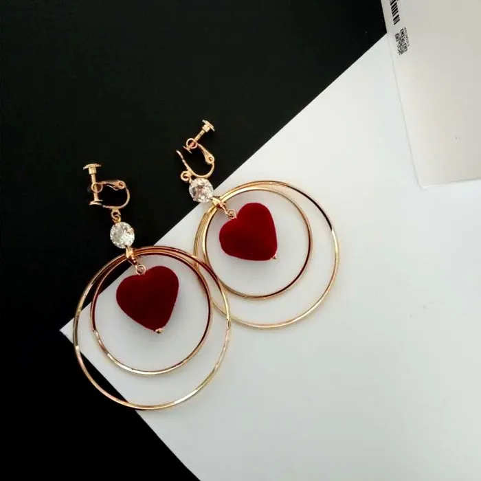 

Fashion screw clip on earring without pierceing round circle with red heart for non-pierced ears womens 11.11 jewelry