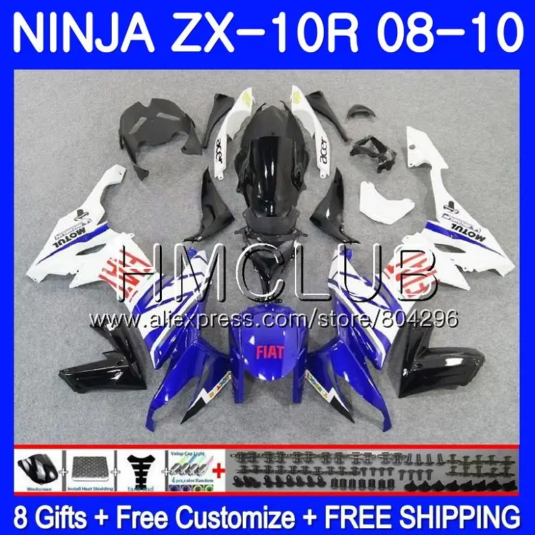 Кузов для KAWASAKI NINJA ZX 10 R ZX1000C ZX10R синий белый 08 09 10 40HM. 18 ZX 10R ZX1000 ZX-10R 2008 2009 2010 обтекатель комплект