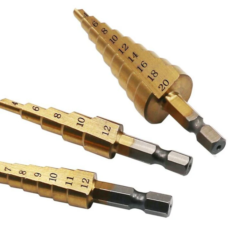 3pcs Hss Step Cone Taper Drill Bit Set Hole Cutter Metric 4-12/20/32mm 1/4" Titanium Coated Metal Hex Step drill For Screwdriver
