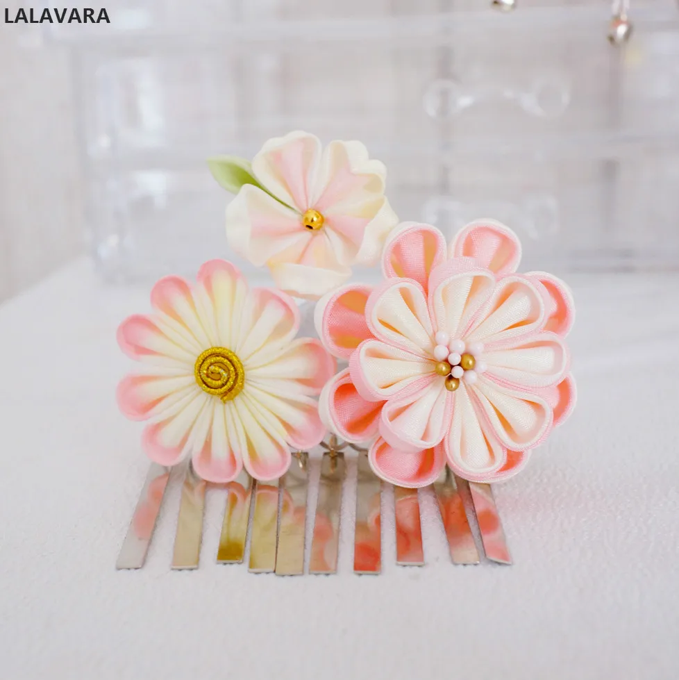 LALAVARA Традиционные Японские Свадебные Розовые заколки для волос Kanzashi шелковые цветы аксессуары для волос