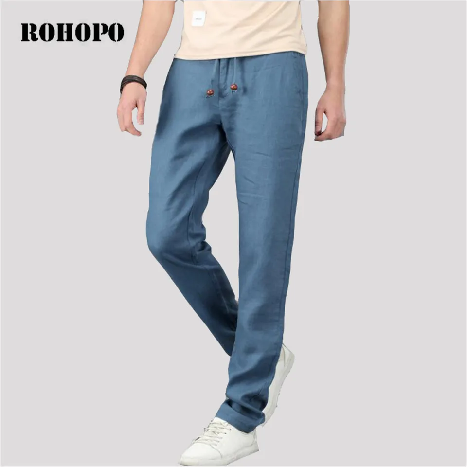

ROHOPO Military style breathe linen pant,loose powder full length straight soft office man pants,plus size 3xl 4xl linen trouser