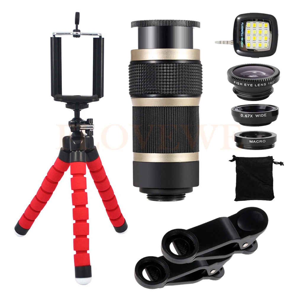 Phone Lens 8X Zoom Telephoto Lentes Wide Angle Macro Fisheye Lenses Selfie Lamp Tripod Clip Holder