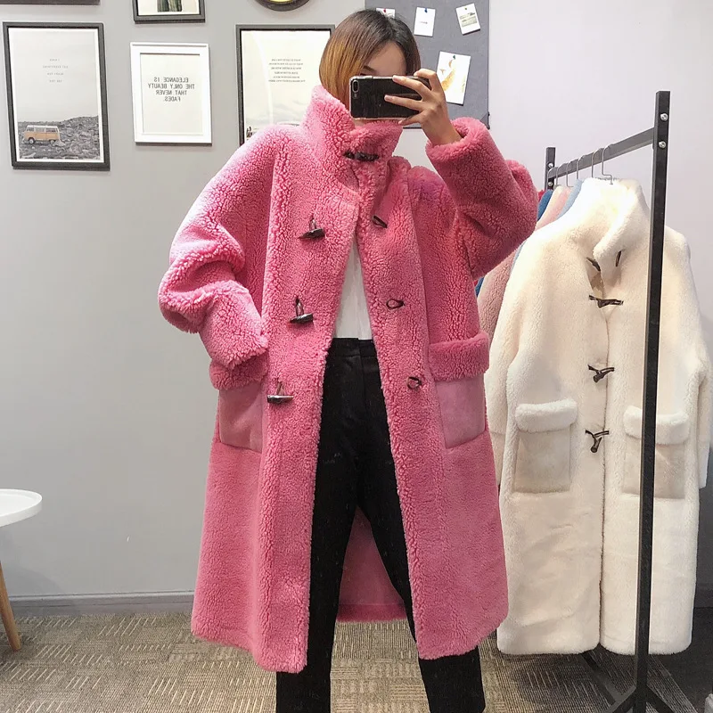 

2019 winter women fashion lamb wool long coats horn button pockets plus size loose sheep shearing outerwear b181