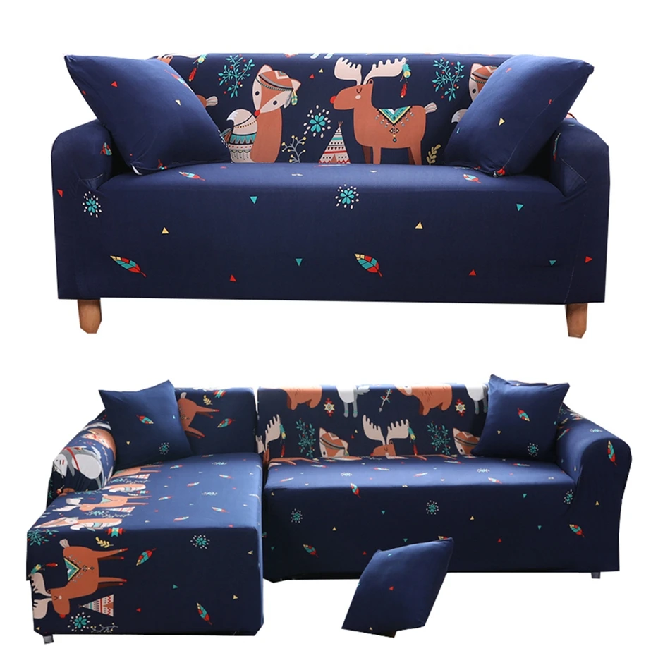 Dark Blue Christmas Deer Elastic Sofa Covers For Living Room Universal