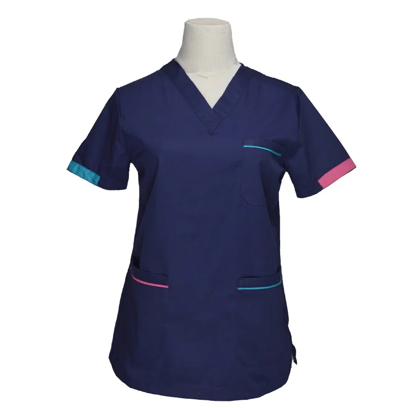 Online [TOP] frauen Mode Peeling Tops Kurzarm Medizinische Uniformen Farbe blocking Design Baumwolle V Neck Krankenschwester kleidung