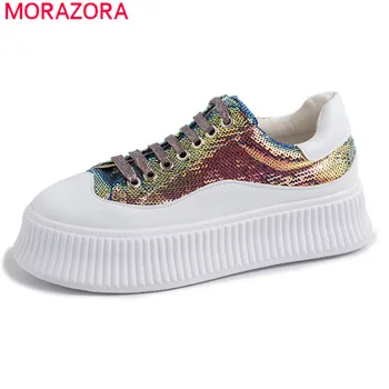 

MORAZORA 2020 new arrival Thick bottom casual shoes woman lace up genuine leather shoes sequined fashion flat shoes women