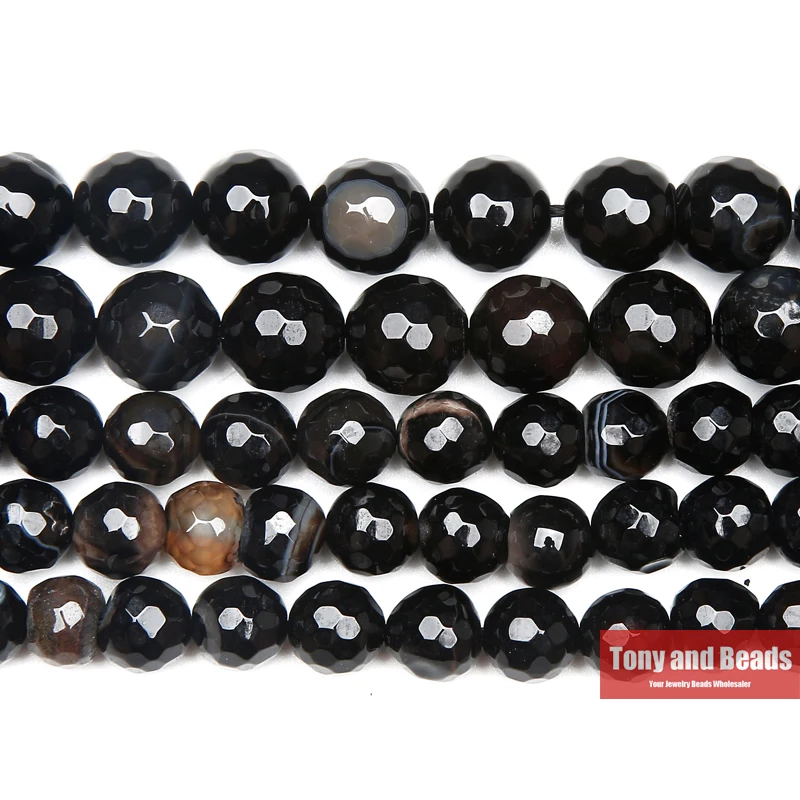 

Free Shipping 15" Strand Natural Stone Faceted Black Stripe Agates Round Beads 6 8 10 12MM Pick Size For Jewelry Making