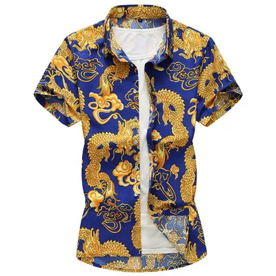 Summer New Men Floral Printed Hawaiian Vacation Party Casual Shirts Hip Hop Fashion Short Sleeve Black Shirt Plus Size 6XL 7XL - Color: 5390 blue