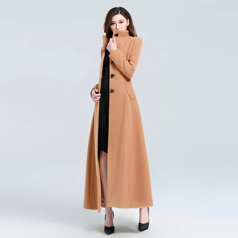Женское зимнее приталенное супер длинное шерстяное пальто со стоячим воротником, ветровка, шерстяная куртка, Офисная Женская верхняя одежда, пальто Sobretudo