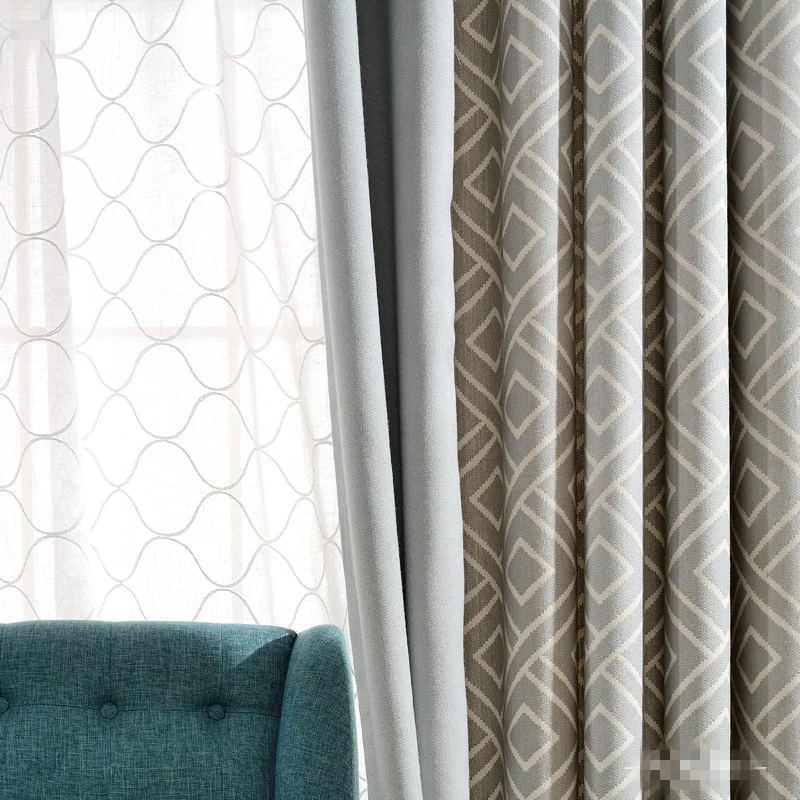 

Custom curtains Nordic grey Double-sided jacquard geometry livingroom bedroom window cloth blackout curtain tulle yarn M392