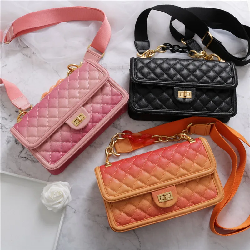 

Gradient Color Girls Caviar Messenger Bags Acrylic Handle Double use Brand Handbags For Lady cowhide Lozenge Female Summer 2019