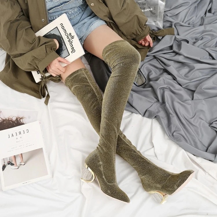 

Womens Sequins Over Knee Thigh High Boots Strange Heel Stretchy Pointed Toe Shoes K02