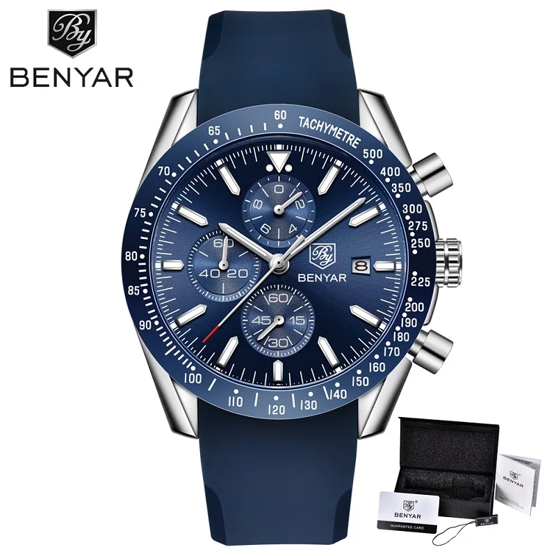 Silver Blue in Box BENYAR, мужские часы, брендовые, Роскошные, силиконовый и стальной ремешок, наручные часы, мужские, кожаный Хронограф, кварцевые, военные часы, Relogio Masculino - Цвет: Silver Blue in Box