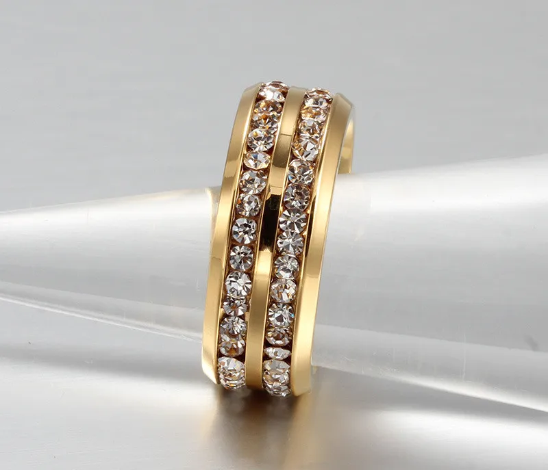 Modyle 2019 New Gold Color Stainless Steel Rhinestone Wedding Ring 2 Rows White CZ Stone Engagement Rings For Women