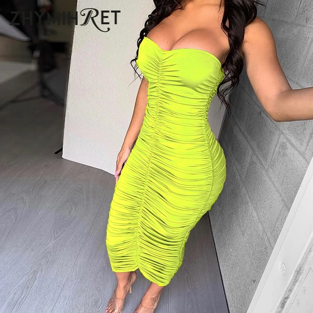 ZHYMIHRET 2021 Summer Neon Green Tube Dress Women Ruched Long Bandage Dress Sexy Strapless Bodycon Tie Dye Party Vestidos 1