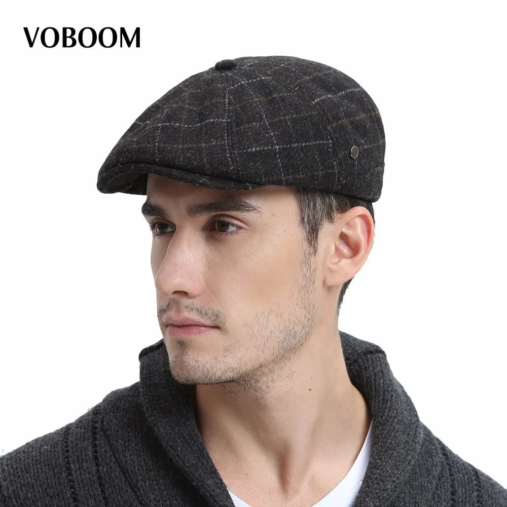 

VOBOOM Winter Autumn Woolen Blend Beret Cap Men Warm Thick Boina Ivy Flat Cap Plaid Boina 188