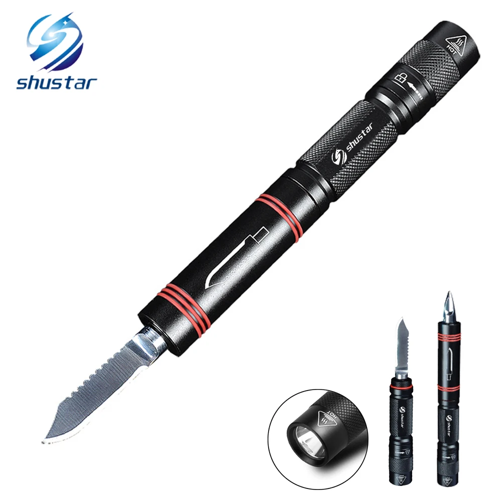 

Muti-function LED Flashlight with Attack Bezel and Knife 2000 Lumens Emergency and Self-defense Outdoor Camping Hiking