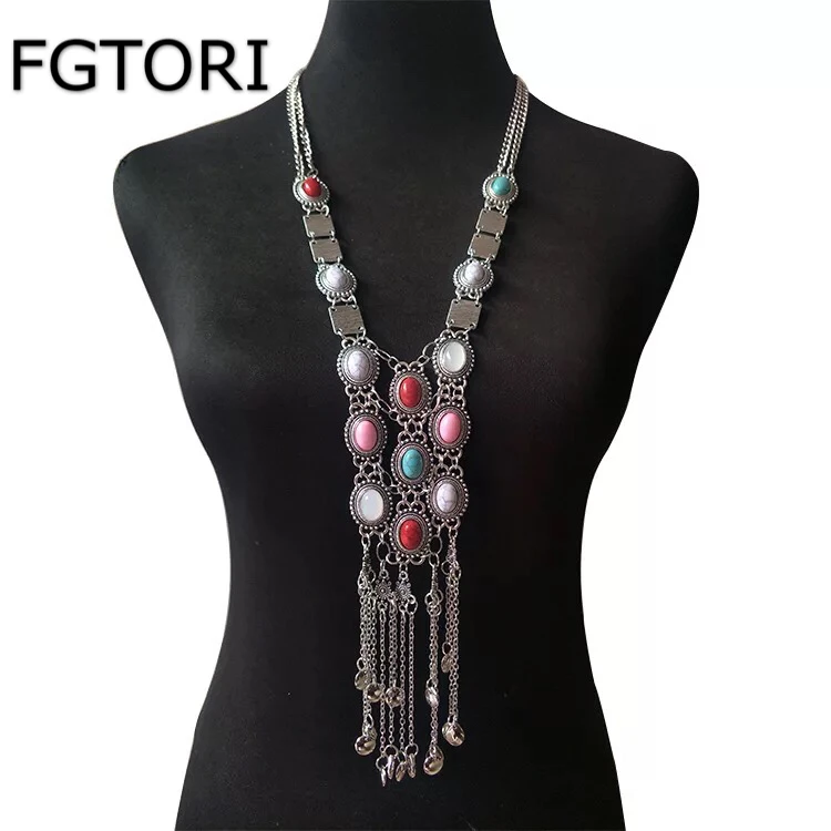 

FGTORI New Fashion Jewelry Long Crystal Body Sexy Chain&Bohemian Retro multi-alloy Tassel Pendant Necklace for Women Gift