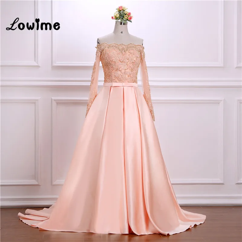 

Pink Puffy Evening Dresses Boat Neck Lace Appliqued Long Prom Dresses Ball Gown Wedding Party Dress For Middle East Women Gowns