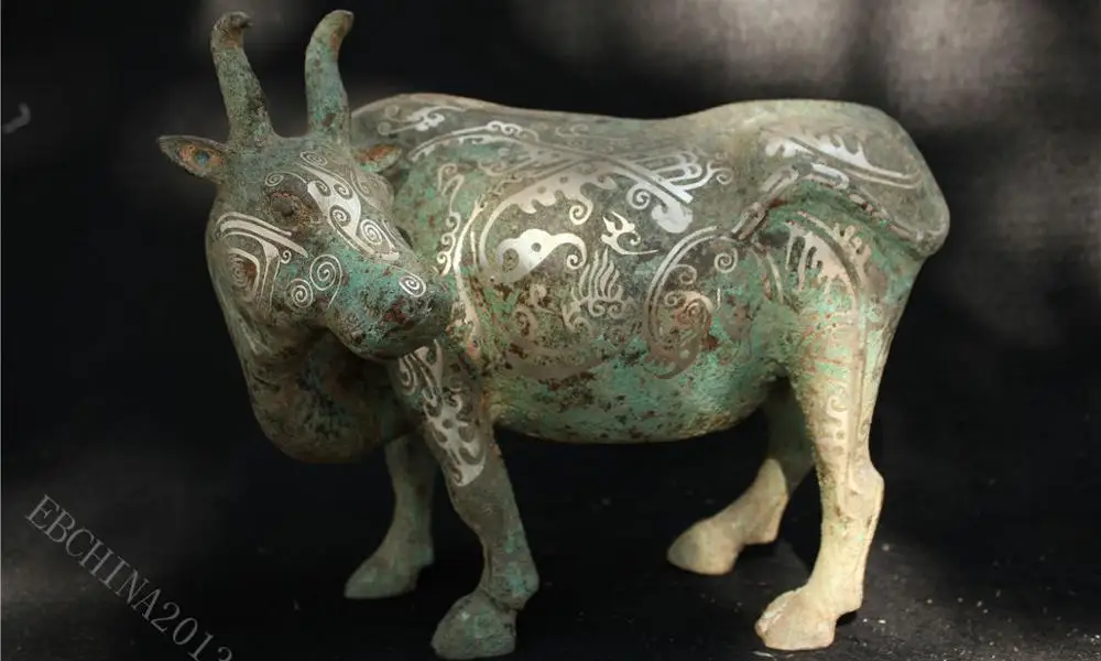 

10.8" Collect China Pure Bronze inlay Silver Handmade OX Oxen Bull Cow Statue