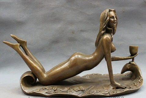 

JP S0289 13" Chinese Bronze Copper Female Beauty Bell Hold Cup On Leaf Flower Statue Discount 35%