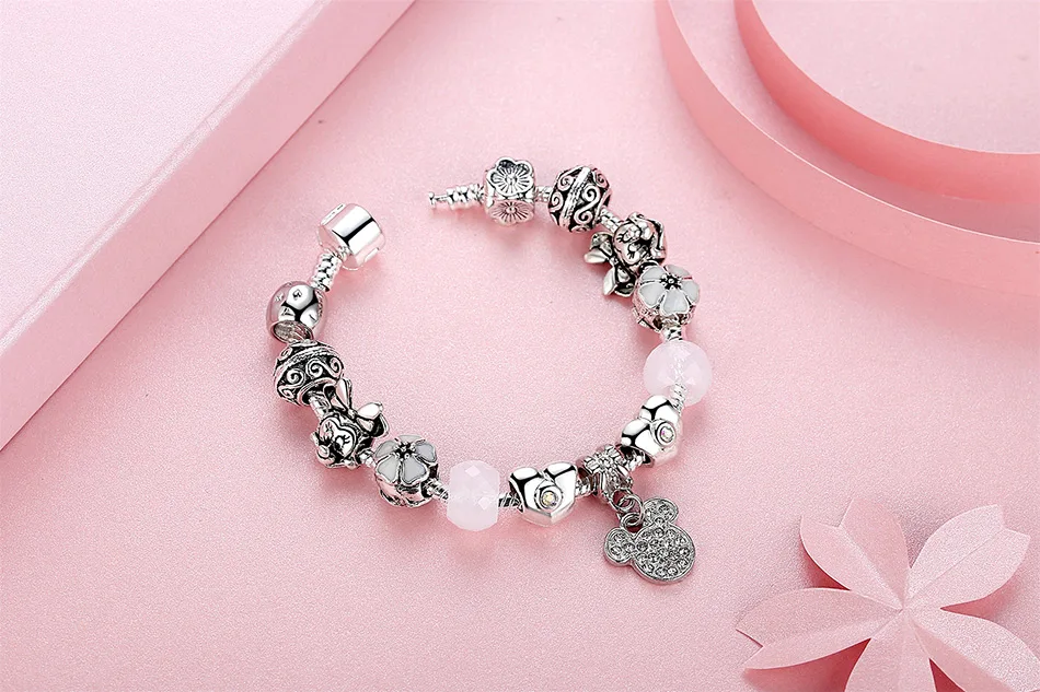 Модный 925 серебряный милый детский браслет с кошкой hello kitty для женщин, детей, девочек, браслет с хрустальными бусинами и ювелирные изделия на запястье