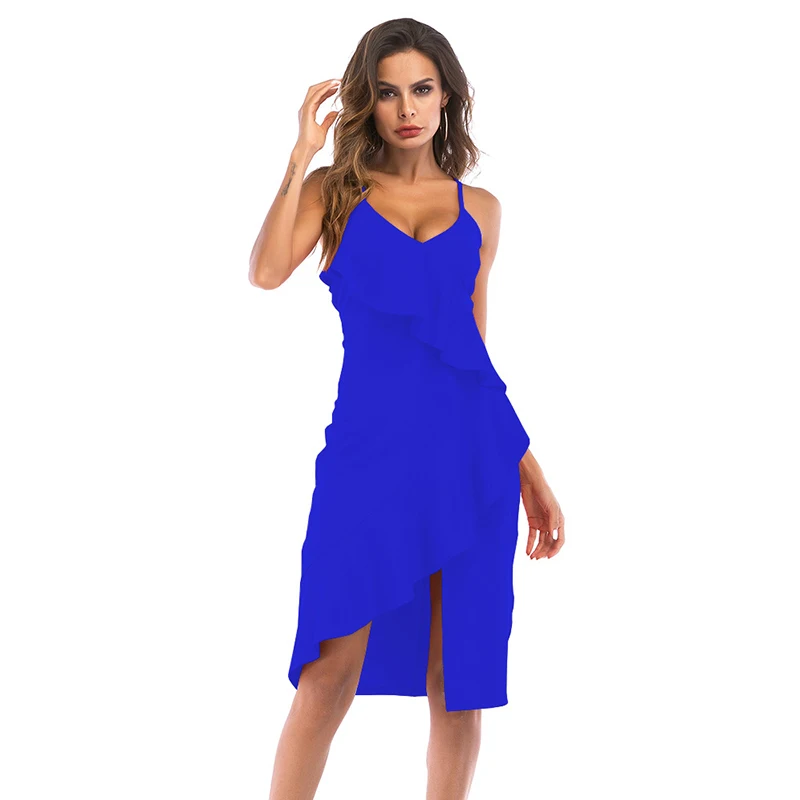 ShejoinSheenjoy Irregular Ruffles V-Neck Summer Dress Autumn Spaghetti Strap Split Backless Sexy Women Midi Dress Clothing (3)
