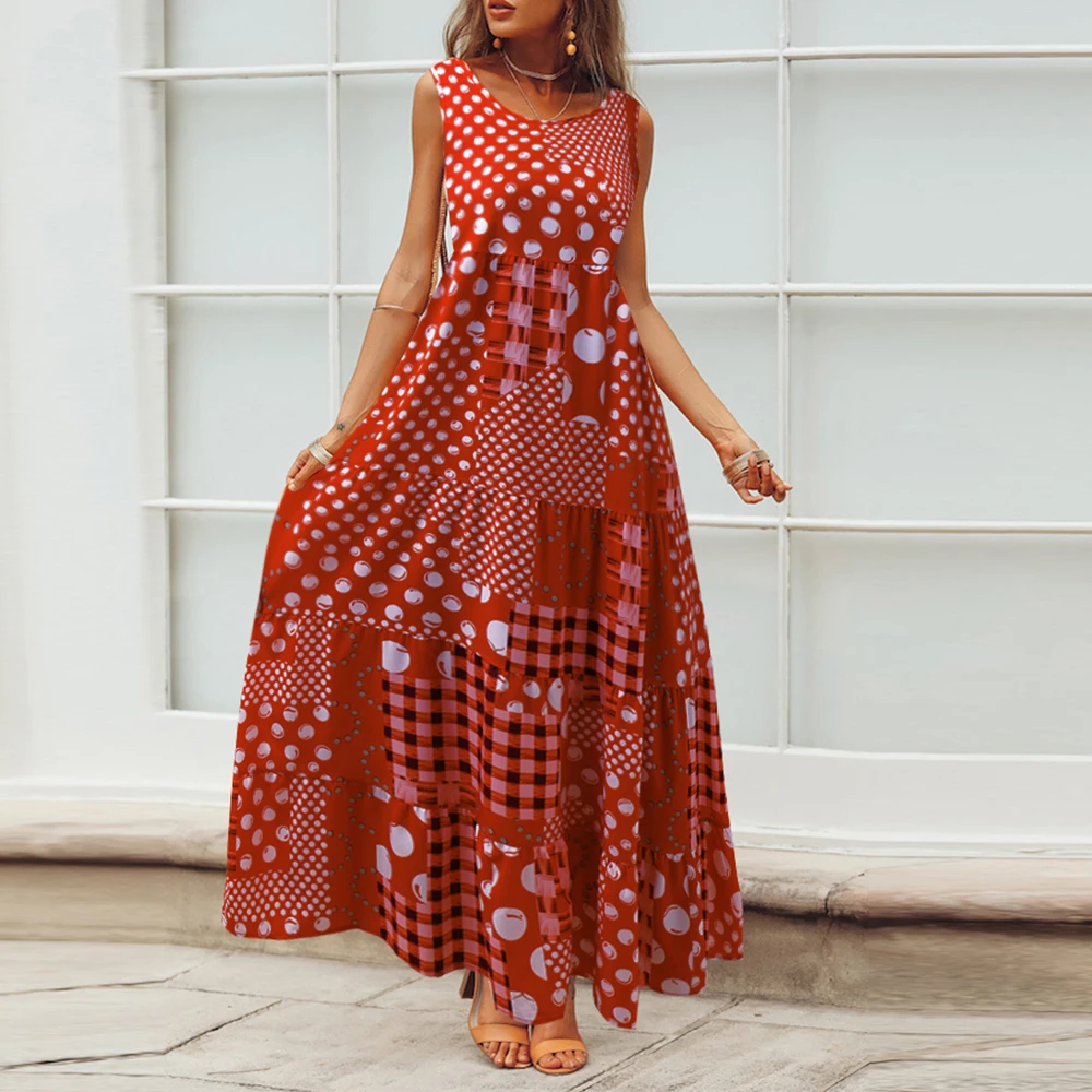 

Summer Dress Vintage Boho Sleeveless O Neck Print Maxi Dress Casual Women Party Beach Dress Streetwear vestidos Plus Size H30