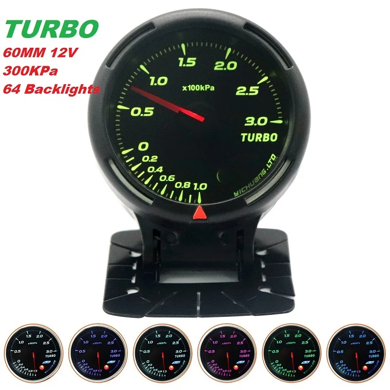 Turbo Gauge 60 мм светодиодный измеритель напряжения автомобиля/Тахометр/Датчик температуры воды/датчик температуры масла/Манометр/турбо-Манометр/вакуумный манометр - Цвет: Turbo Gauge