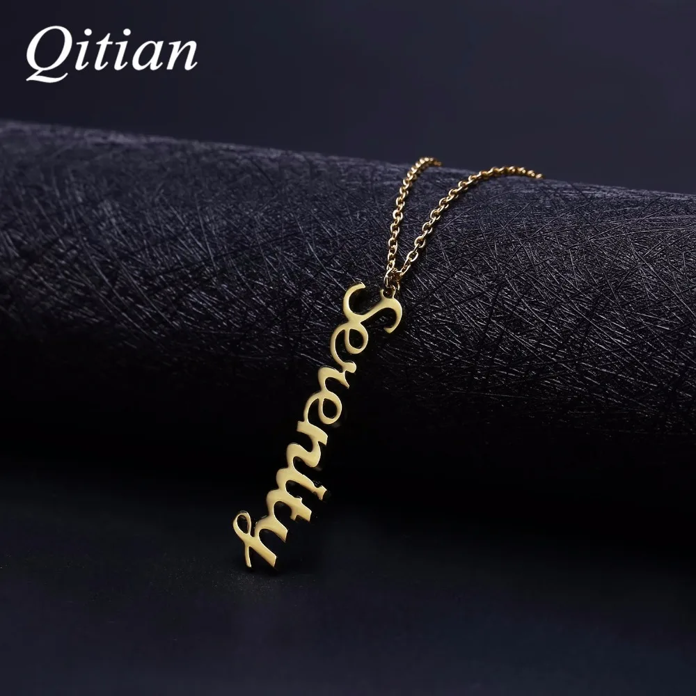 Qitian Vertical Nameplate Name Necklace Gold Choker Stainless