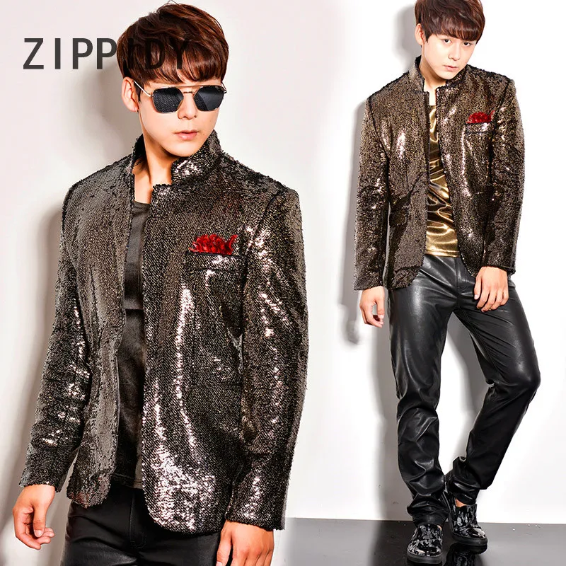 

Fashion Stand Collar Gradual Change Sequins Men's Suit Jacket Pant Set Nightclub Bar Dj Male Singer Ds Stage Show Blazer Outfit