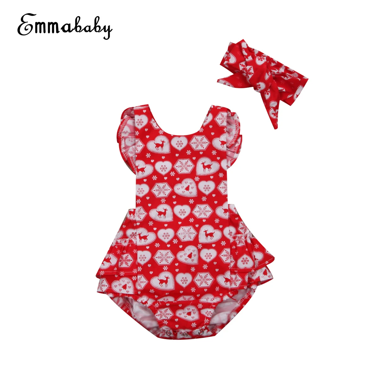 

Babies Red Layered Christmas Bodysuit Newborn Baby Girls Bodysuit Headband Clothing Set Xmas Outfits Clothes 2Pcs NEW