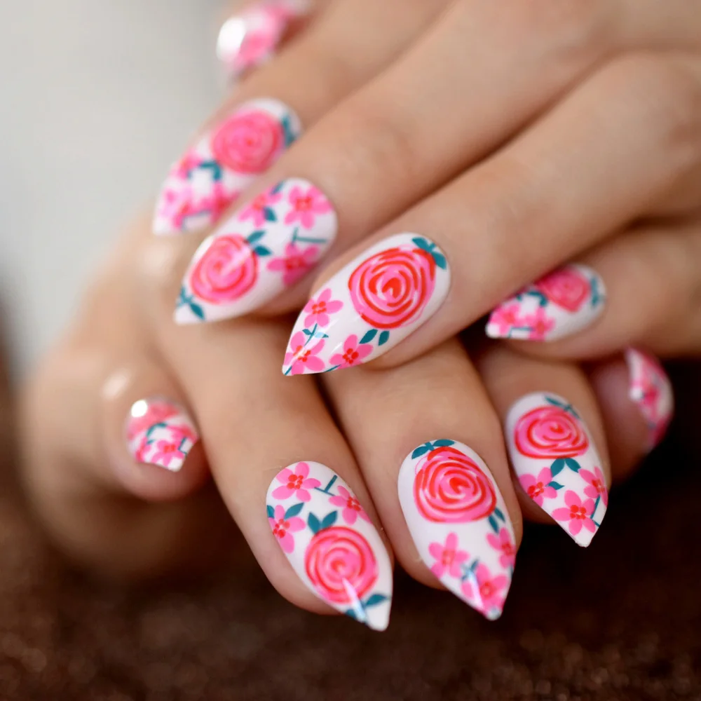 

Flower Pattern Stiletto Artificial Nails Rose Red Lollipop White False Nails Sharpen Tips with Adhesive Sticker 24CT