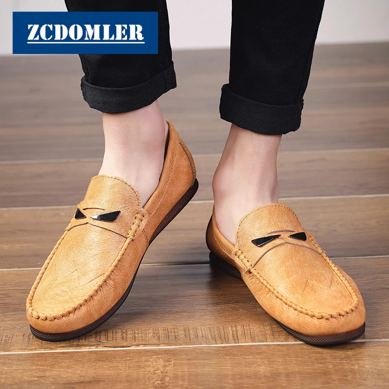 

ZCDOMLER 2019 Fashion Men Shoes Casual Leather Driving Shoes Genuine Leather Men Loafers Slip-On Boat Shoes Mocasines Hombre